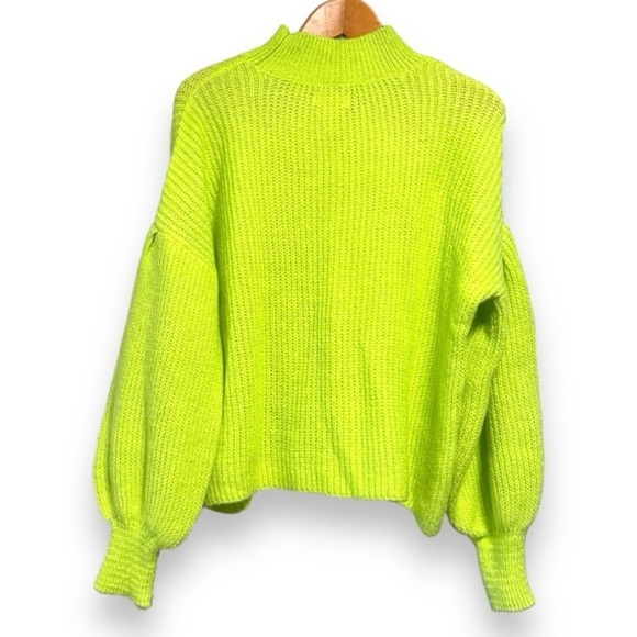 Maeve Betty Puff-Sleeved Neon Lime Green Chunky Mock Neck Sweater Size Medium - Picture 4 of 16